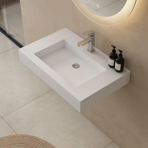 30 in. Wall Mount Rectangle Vessel Sink with Faucet Hole, Solid Surface Bathroom Vessel Sink