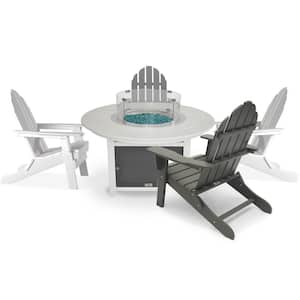 Vail 48 in. 2-Tone White Round Top Fire Pit, 5-Piece Plastic Patio Conversation Set with White and Gray Balboa Chairs