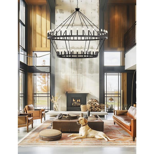 70 in. 64-Light Black Farmhouse Wagon Wheel Chandelier for Living Room or Entryway, Extra-Large 2-Tier Pendant Light