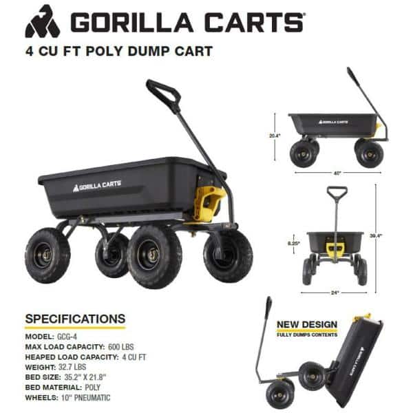 Gorilla 4 Cu. Ft. Black Poly Garden Dump Cart with Steel Handle