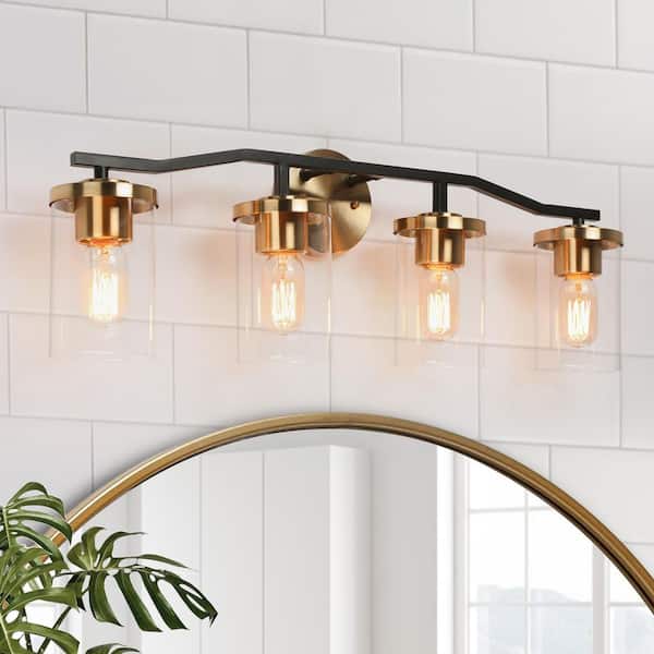 28 in. 4-Light Brass Gold Bathroom Vanity Light, Modern Black Bath Lighting, Clear Glass Farmhouse Wall Sconce
