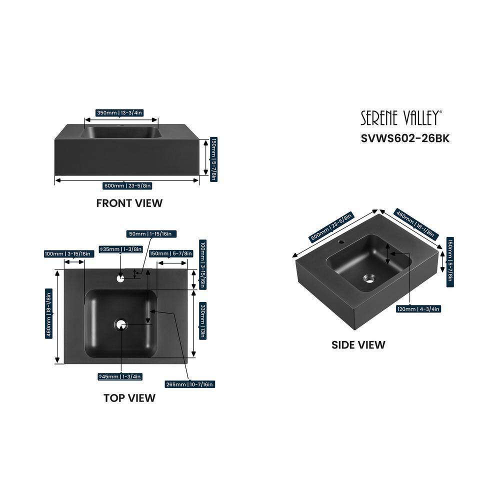 Matte Black Granite Wall-Mount Square Bathroom Sink