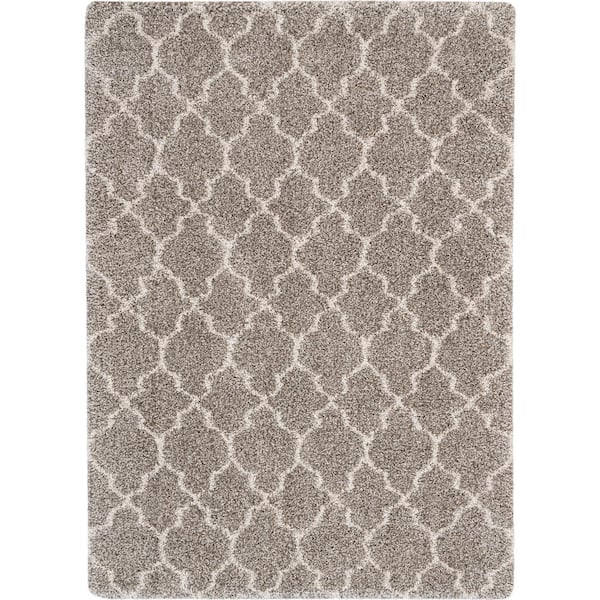 Nourison Amore Solid Shag Stone 3 ft. 11 in. x 5 ft. 11 in. Trellis Contemporary Modern Shag Area Rug
