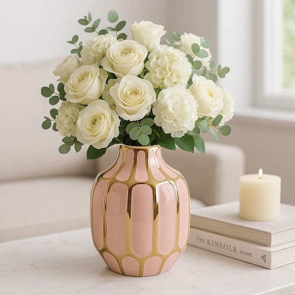 置物 pink bud Liv & Skye 8 in. Pink/Gold Ceramic Bud Modern Decorative Vase
