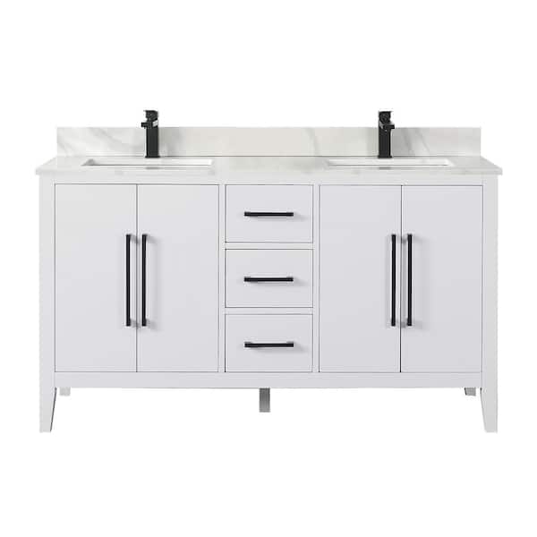 Altair Laurel 60 in. W x 22 in. D x 34 in. H Double Sink Bath Vanity in White with Calacatta White Quartz Top
