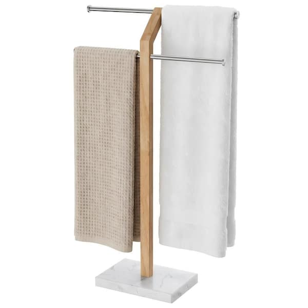 Width Adjustable 2-Tier Freestanding Towel Rack with Natural Marble Base in Brushed Stainless Steel