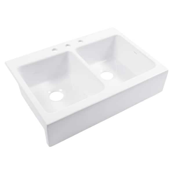 Parker 34 in. 3-Hole Quick-Fit Farmhouse/Apron-Front Drop-In Double Bowl Crisp White Fireclay Kitchen Sink