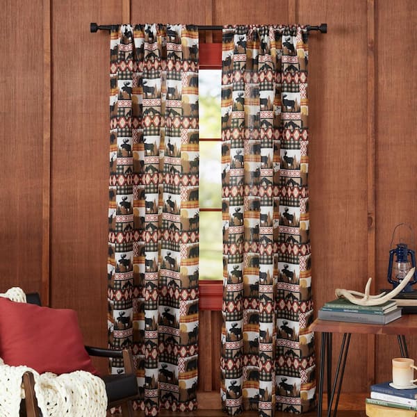 Moose Lodge Brown Multi Animals Light Filtering Rod Pocket Indoor Curtain Panel, 38 in. W x 96 in. L (Set of 2)