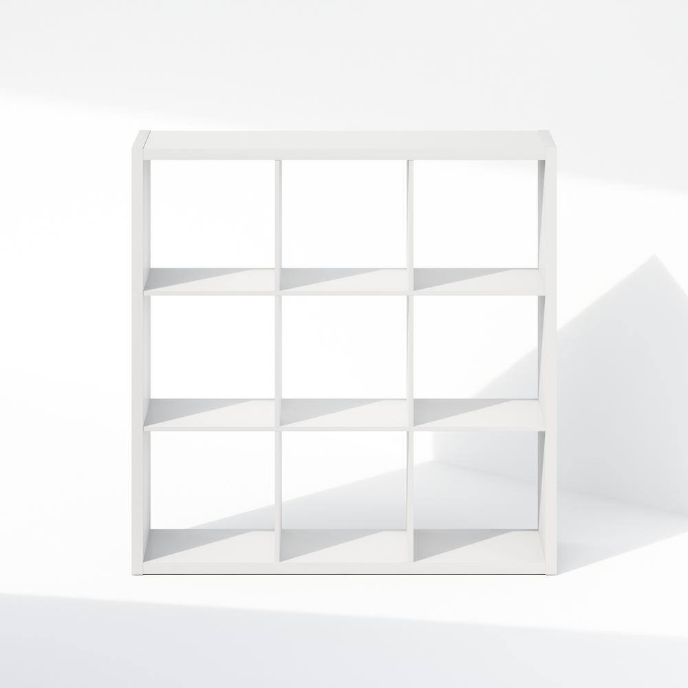Front view of the white 9-cube wooden bookcase.