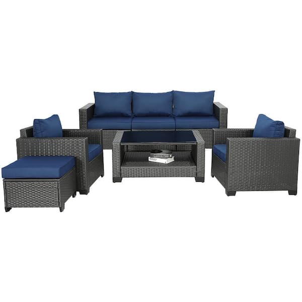 Sudzendf 7-Pieces Outdoor Wicker Sofa Set, Patio Furniture sofa set, with Dark Blue Cushions