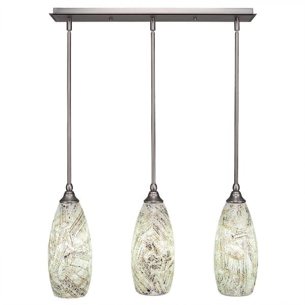Unbranded Livingston 100-Watt 3 Light Nickel, Linear Pendant Light with 5.5 in. Natural Fusion Glass Shade, No Bulbs Included
