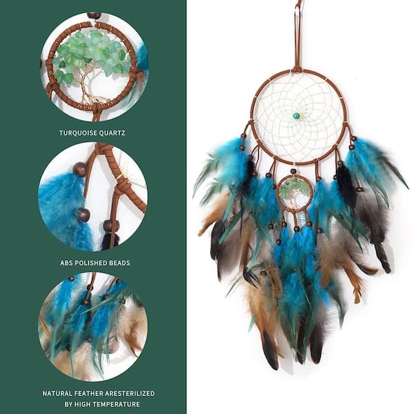 Blue 12 in. x 21.7 in. Handmade Dream Catcher with Feathers