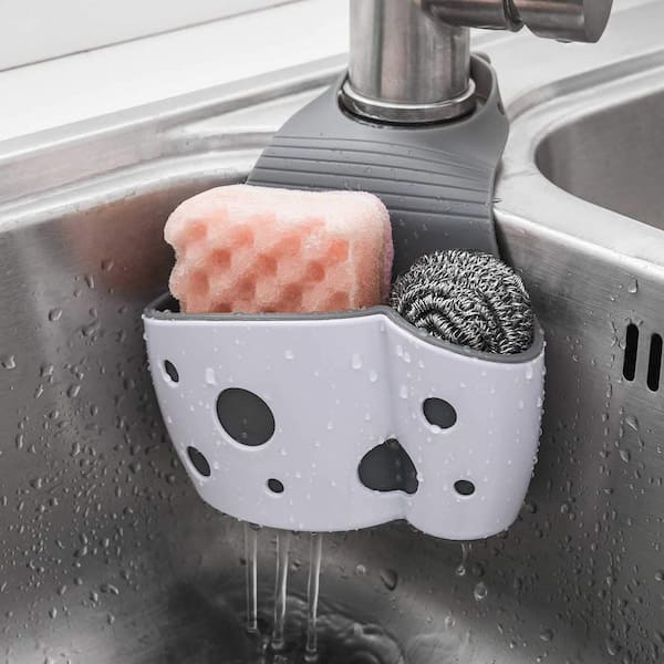 White Adjustable Kitchen Faucet Sponge Holder, ABS and TPR with Fast Draining Design, Hanging Sink Caddy, 2 Pack