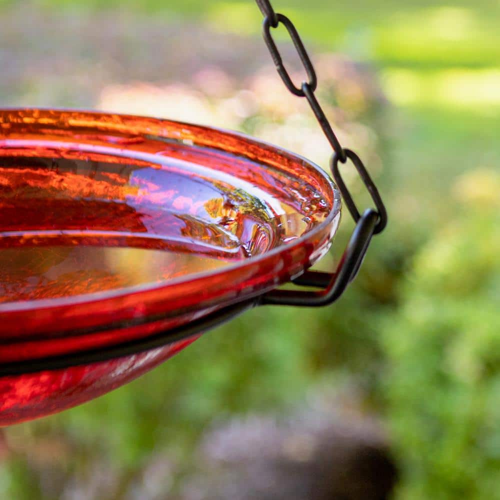 Red Crackle Glass Hanging Birdbath with Iron Chain
