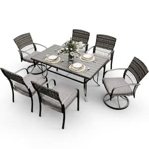 7-Piece Metal Patio Outdoor Dining Set with Slat Table and Rattan Arm Chairs with Gray Cushion