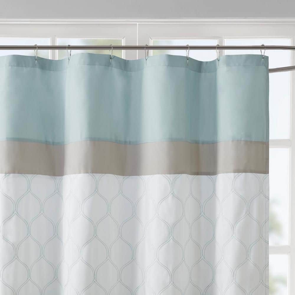 Seafoam and Beige Embroidered Microfiber Shower Curtain with Liner