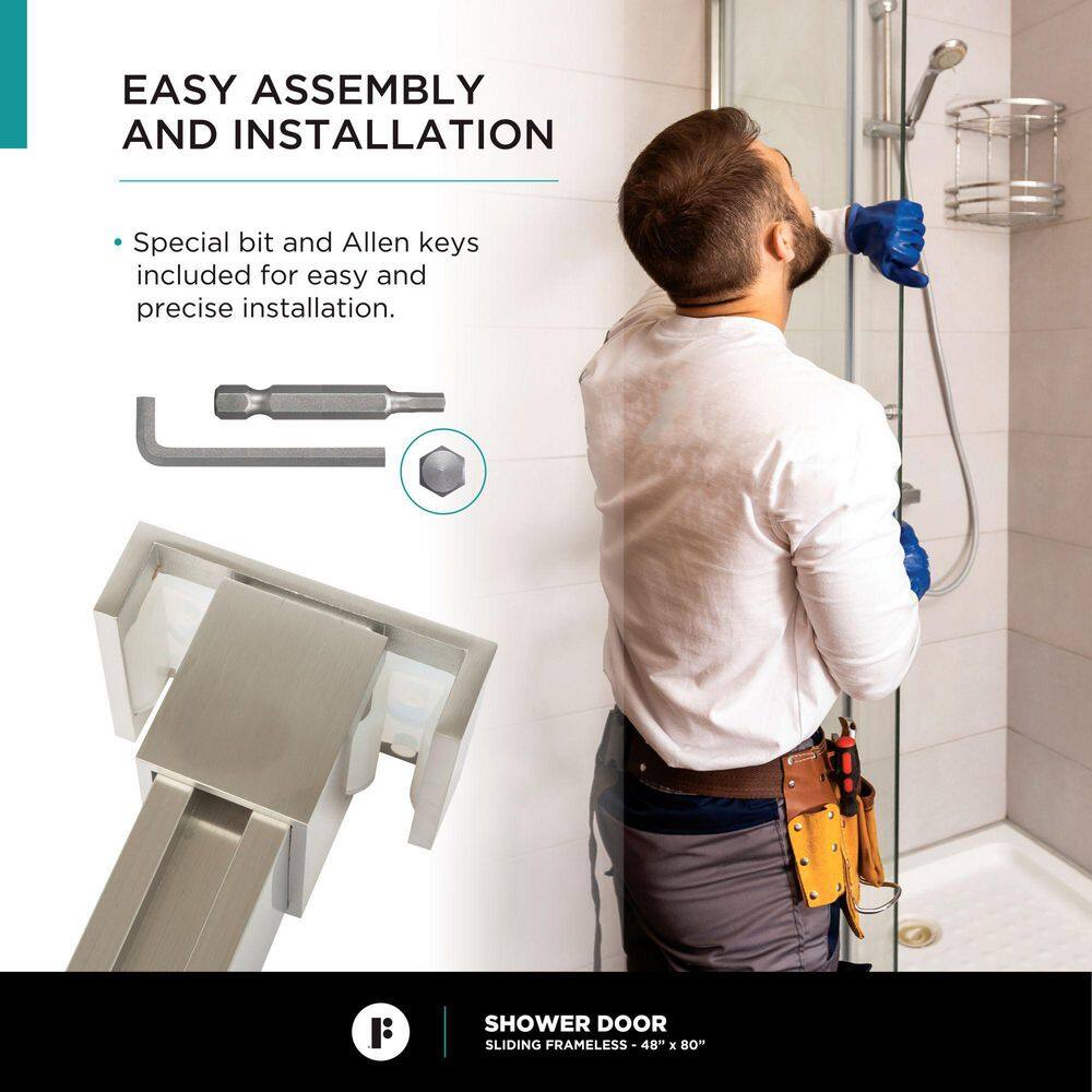 48'' W x 80'' H Satin Nickel Frameless Sliding Shower Door