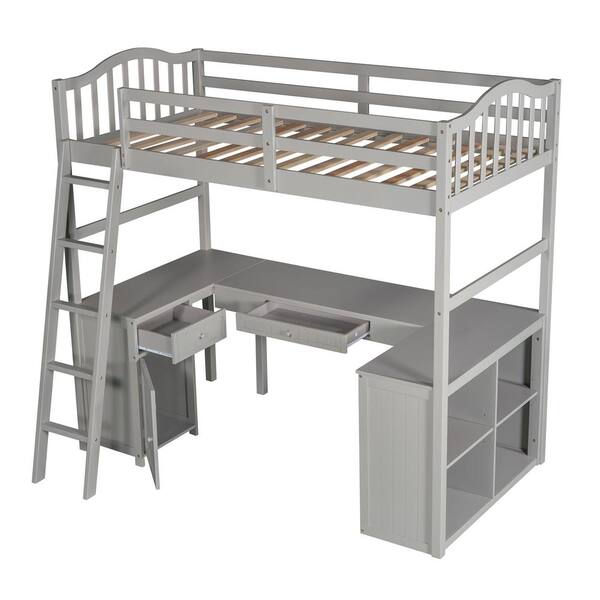 Yiekholo Gray Full Study Loft Bed with Writing Board, Built-in Desk, and Storage Cabinet