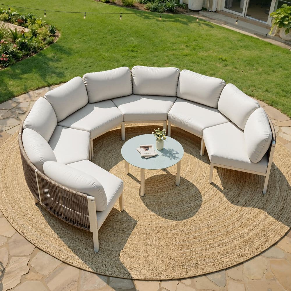 7-Piece PE Rattan Aluminum Patio Outdoor Sectional Set Sofa w/ 6 Seat Cushion 9 Back Pillow Table in Beige for Backyard