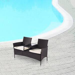 Brown PE Rattan Wicker Outdoor Loveseat with Beige Cushions and Glass Table