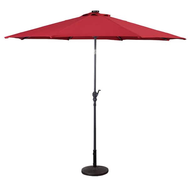 FORCLOVER 10 ft. Steel Market Patio Solar Umbrella with Crank and LED Lights in Burgundy