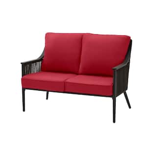 Bayhurst Black Wicker Outdoor Patio Loveseat with CushionGuard Chili Red Cushions