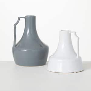 8.5" and 6.5" Gray and White Slim Handled Ceramic Jar (Set of 2)