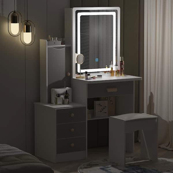 FUFU&GAGA White Wood Dresser With LED Light Mirror Makeup Vanity Sets  Dressing Table With Stool, 4-Drawers and Storage Shelves WFKF210096-KPL -  The Home Depot