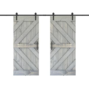 Triple KL 56 in. x 84 in. Fully Set Up Weather Grey Finished Pine Wood Sliding Barn Door with Hardware Kit