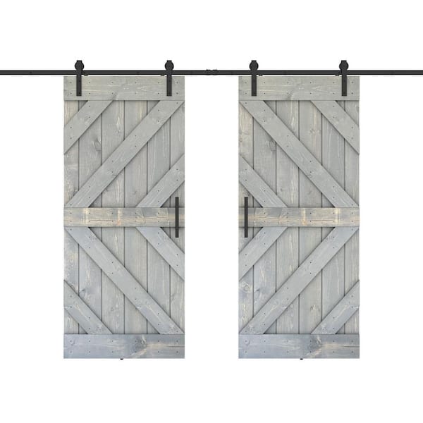 Dessliy Triple KL 56 in. x 84 in. Fully Set Up Weather Grey Finished Pine Wood Sliding Barn Door with Hardware Kit