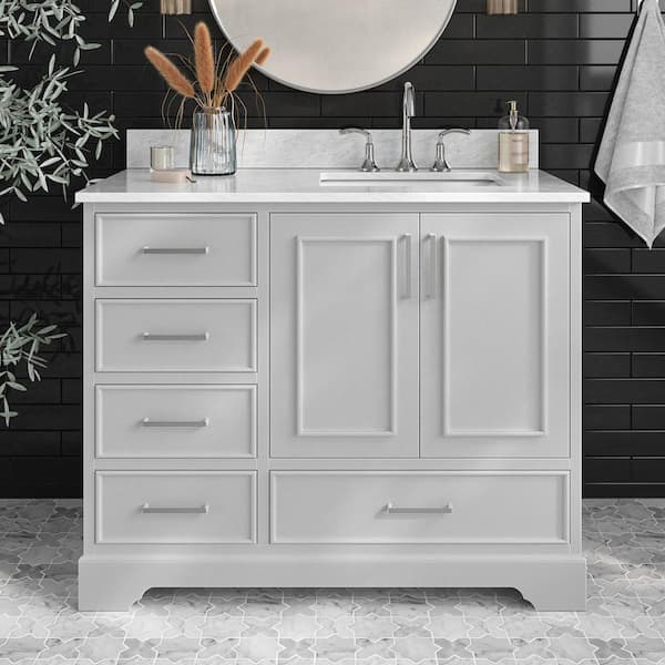 ARIEL Stafford 42 in. W x 22 in. D x 35.25 in. H Right Single Sink Bath Vanity in Gray with Carrara White Marble Top