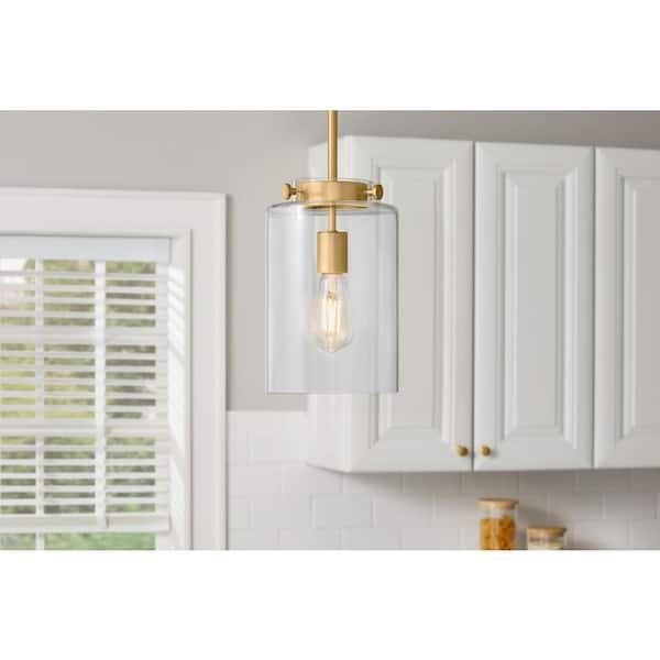 Hampton Bay Mullins 6.75 in. 1-Light Honey Gold Mini Pendant Hanging Light, Kitchen Pendant Lighting
