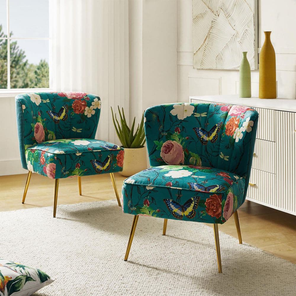 Amata Contemporary and Classic Blue Comfy Elegant Pattern Side Chair with Tufted Back and Metal Base (Set of 2)