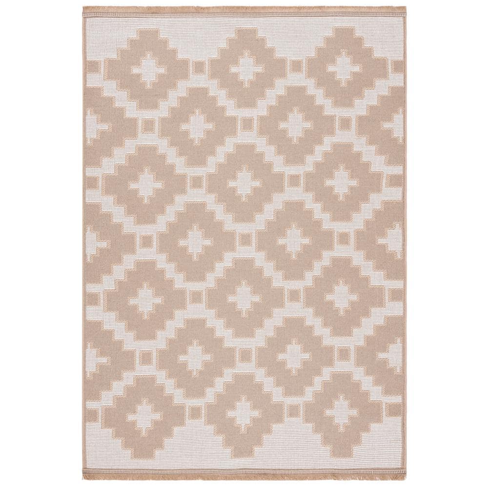 Ivory and Natural Geometric Flat Woven Wool Area Rug