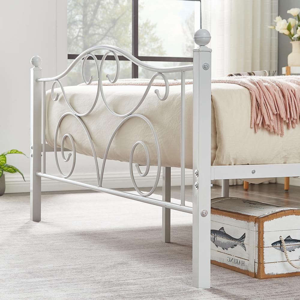 Elegant White Metal Full Size Platform Bed Frame with Headboard