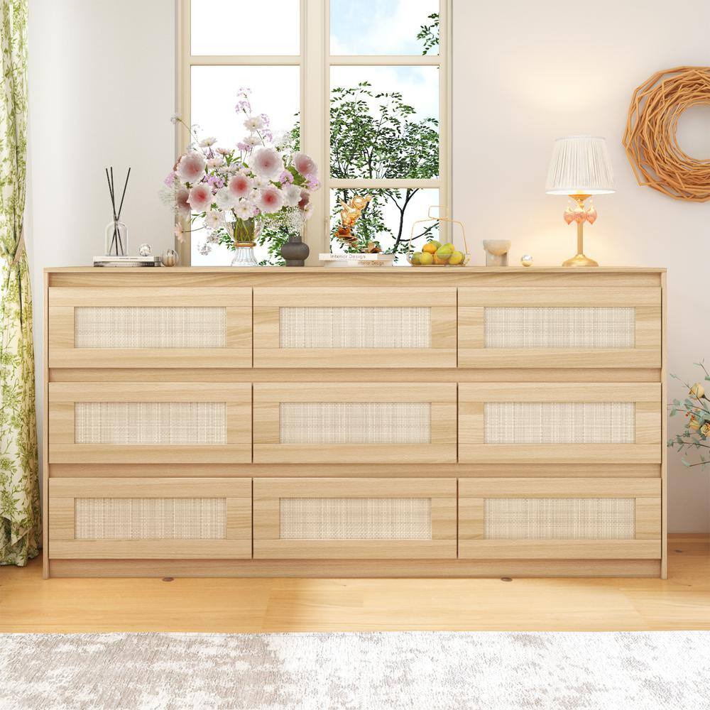 Rattan Wood Finish 9-Drawer 62.9 in. x 15.7 in. x 31.9 in. Dresser, Wooden Chest of Drawers for Bedroom, Living Room - thumbnail 5