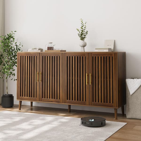 Frances Walnut Finish Wood 63 in. Buffet Storage Sideboard, Storage Cabinet with 4-]Grille-Striped Doors, Metal Handle
