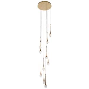 35-Watt 10-Light Gold Modern Crystal Integrated LED Pendant-Light with Adjustable Wire for Villas Stairs Lobbies