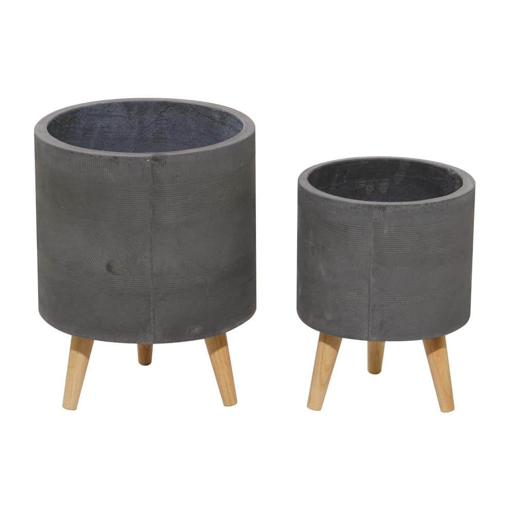 Gray Ceramic Indoor Outdoor Planter Set with Wood Legs