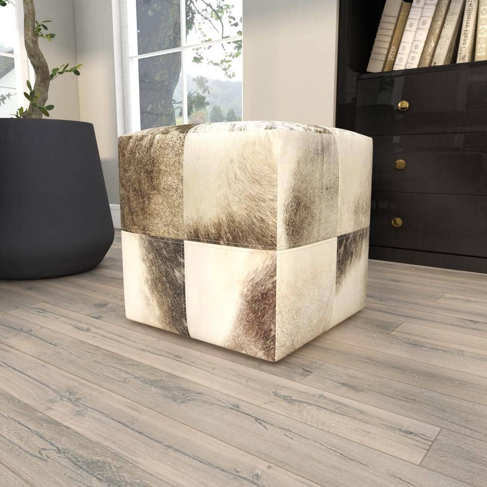 Contemporary Gray Cowhide Patchwork Pouf Ottoman, 16" Cube