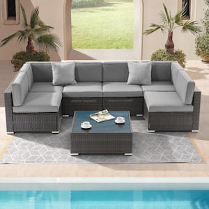 7-Piece Rattan Wicker Patio Conversation Sectional Seating Set with Gray Cushions