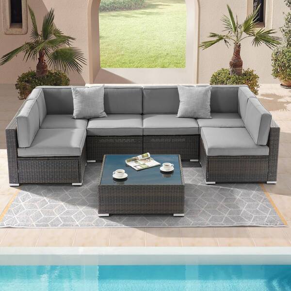 7-Piece Rattan Wicker Patio Conversation Sectional Seating Set with Gray Cushions