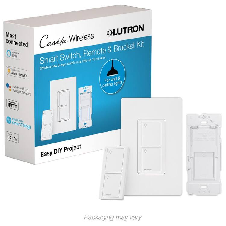 Lutron Caseta Smart Switch 3 Way Kit, with Remote/Bracket, for All Bulbs or Fans, 5A/Neutral Wire Required, White (P-PKG1WS-WH)