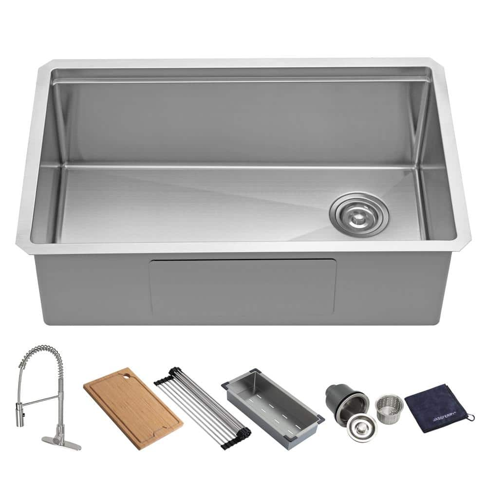 JASSFERRY Workstation 16-Gauge Stainless Steel 30 in. Single Bowl Tight ...