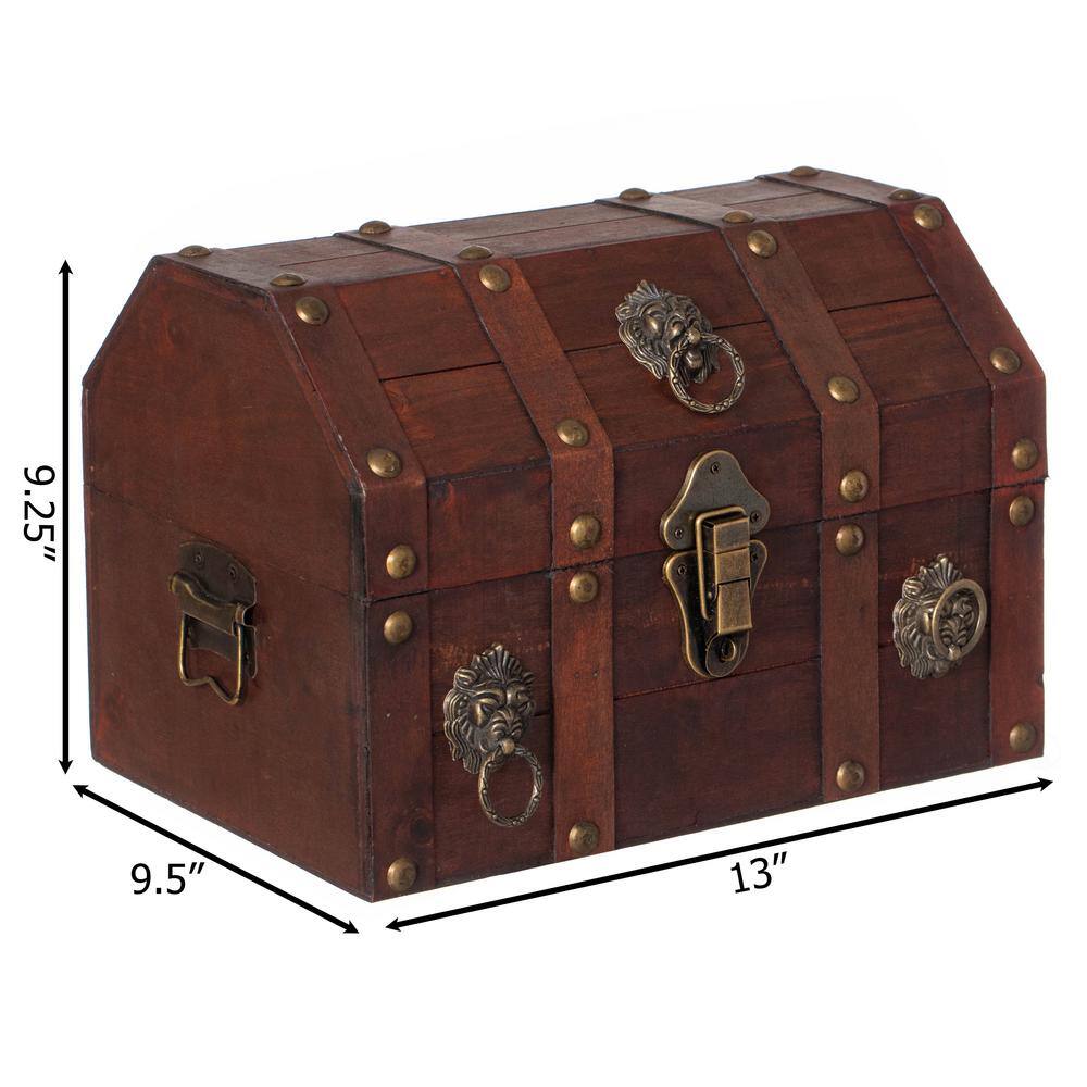 Antique Wooden Storage Trunk with Metal Lion Accents