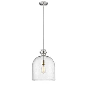 Pearson 12 in. 1-Light Brushed Nickel Globe Pendant Light with Clear Seedy Aluminum Shade
