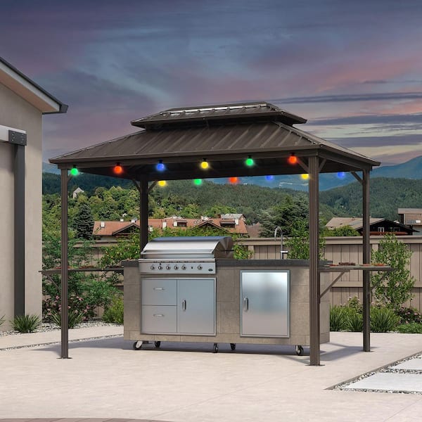 PURPLE LEAF 6.5 ft. x 10 ft. Hardtop Grill Gazebo for Patio Aluminum Barbecue Shelter Gazebo w/Hooks,Shelves Double Tiered 12-Ligths