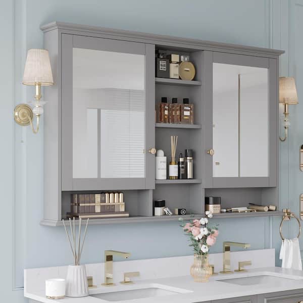 55 in. W x 35 in. H Rectangular Solid Wood Bathroom Medicine Cabinet with Mirror, 2 Soft-Closed Doors, Easy Hang, Gray