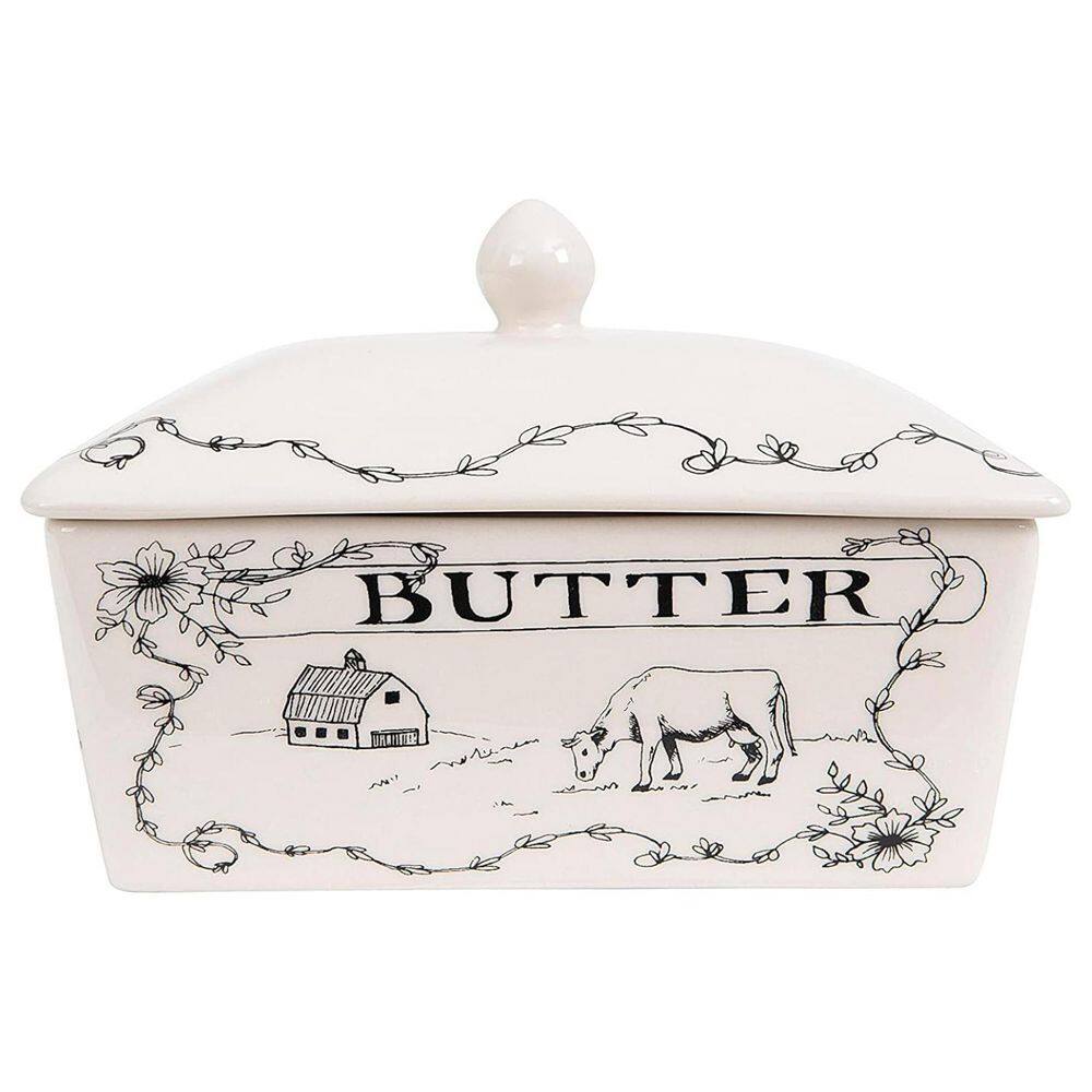 "1.5 oz. White/Black Stoneware Butter Dish with Lid, ""Spread the Love"" Message, and Farm Line Drawing" price history on PriceWatchPro
