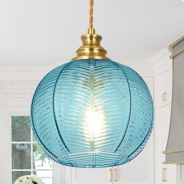 Henveton Jasslynn 1-Light Blue Pendant Light with Leaf Shape Ribbed Glass Shade for Kitchen Island Dining room, No Bulbs Included